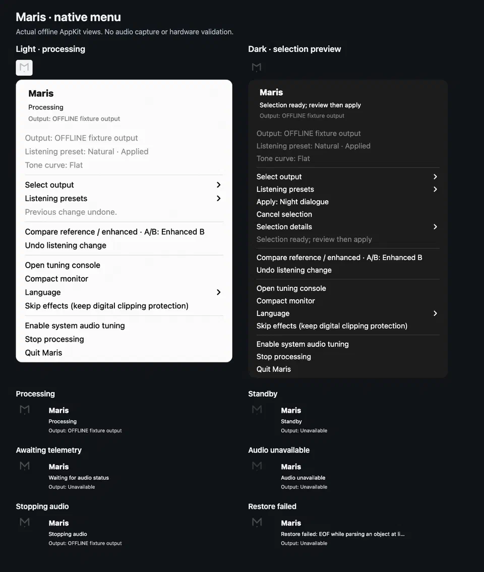 The native Maris menu, with pending settings and recovery states